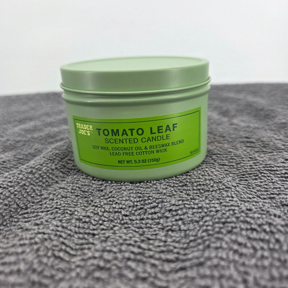 Trader Joes Tomato Leaf Scented Candle 5.3 oz Soy Coconut Beeswax Blend Tin